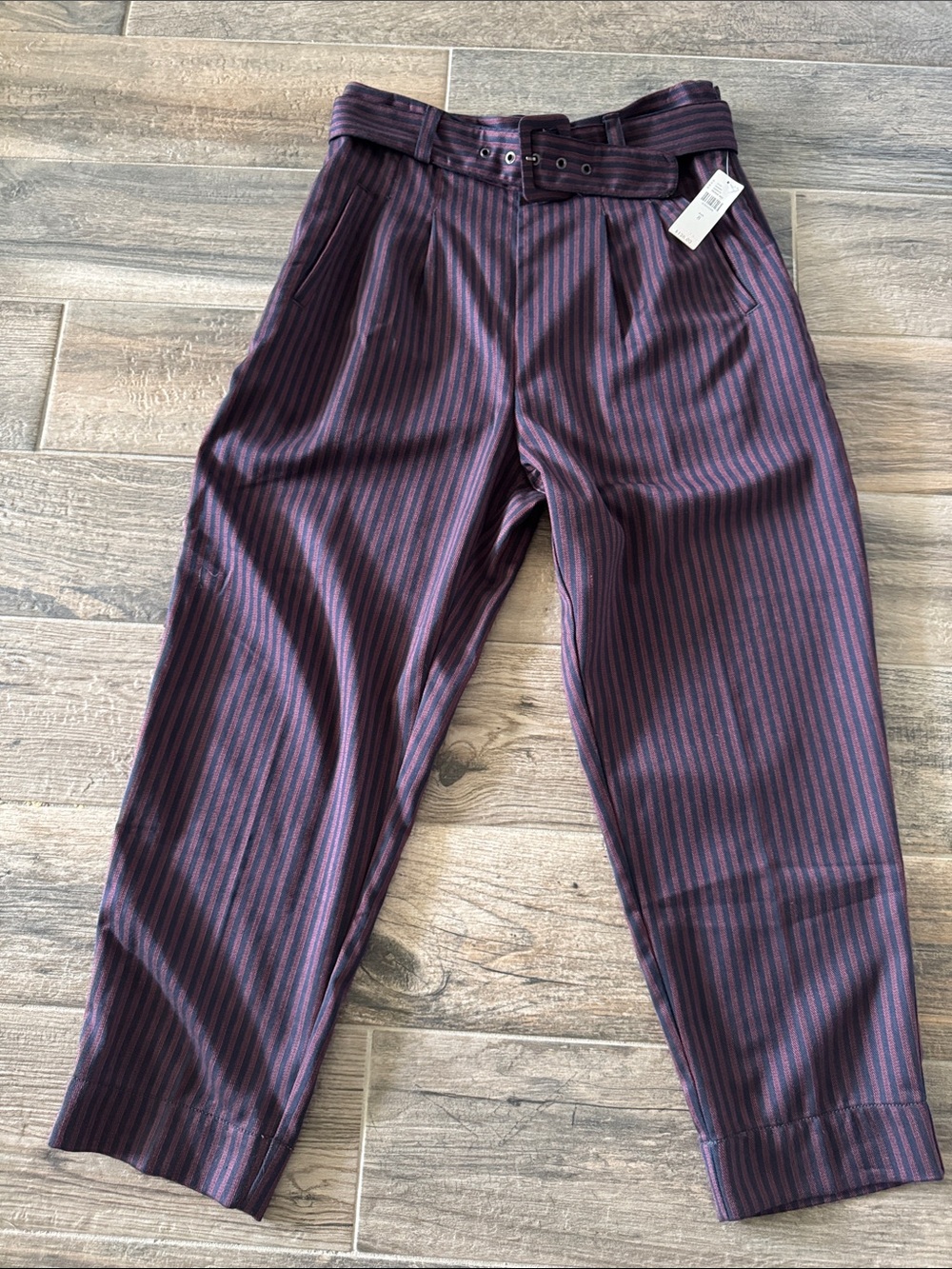Anthropologie Purple and Navy Striped High-Waist Belted Tapered Pants
